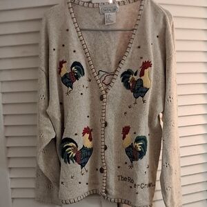 Tandem Beige Cardigan with Rooster Embroidery